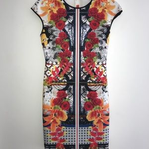 Clover Canyon neoprene cap-sleeve roses dress, M/4